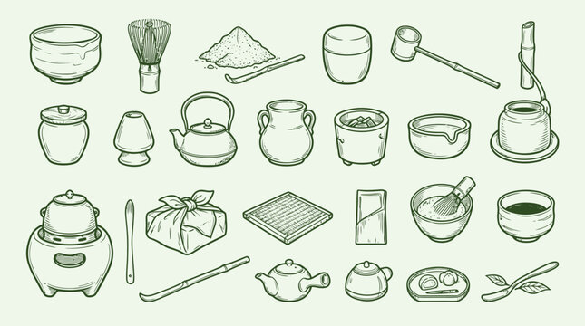 A comprehensive collection of traditional Japanese tea ceremony utensils and accessories, illustrated in a minimalist green line art style.