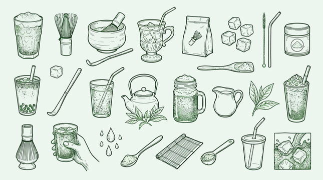 A detailed illustration showcasing a variety of matcha tea preparation tools, drinks, and ingredients, presented in a charming, hand-drawn style.