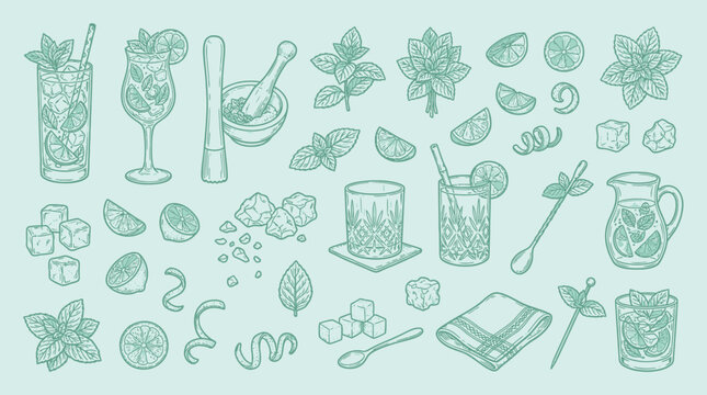 A charming collection of hand-drawn illustrations featuring mojito ingredients, cocktail preparation tools, and refreshing drinks, all in a cohesive mint green color palette.