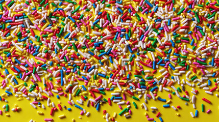 Obraz premium Candy Sprinkles: A vibrant, colorful mix of candy sprinkles, scattered and vibrant, against a solid bright yellow background.