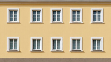 Fototapeta premium Minimalist Yellow Wall with Symmetrical Windows in a Modern Architectural Style for Design and Marketing Projects