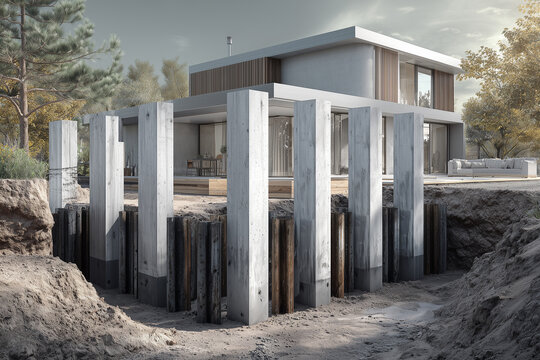 The house construction uses a pile foundation system with vertical concrete pillars prepared for a lightweight house structure.