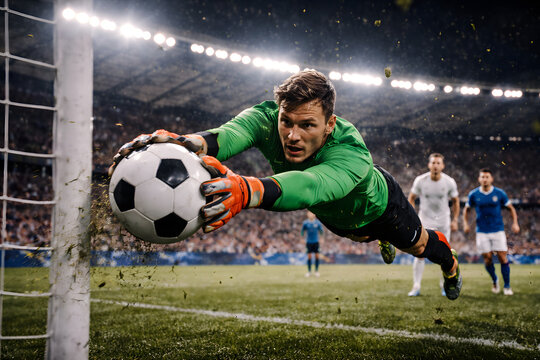 Goalkeeper making dramatic save during football match