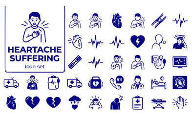 Fototapeta premium Heartache Suffering Icon Set Man Feels Heartache Suffering Cardio Ailments Clutching Chest During Attack Cardiovascular Disease Chest Pain Vector Illustration
