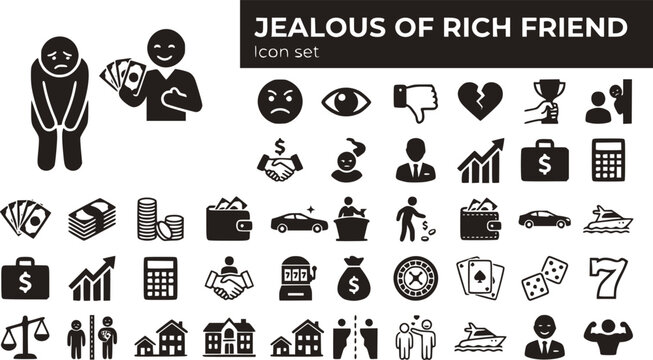 Jealous of Rich Friend Icon Set Man Jealous Rich Friend Showing Off Money Bills Earned Business Won Casino Wealth Disparity Social Comparison Vector Illustration