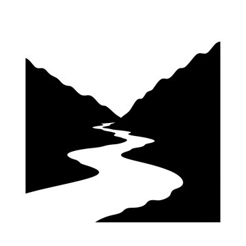 Minimalist winding river through mountain valley silhouette vector