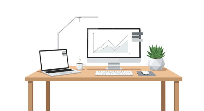 Modern office desk with computer equipment.