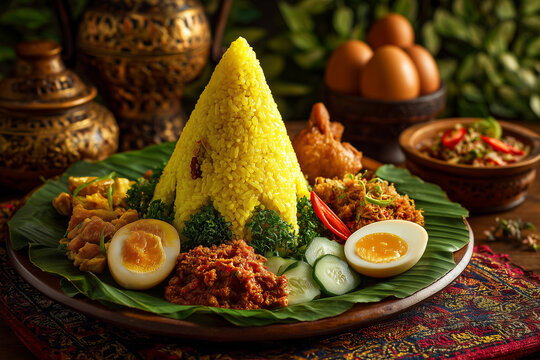 Cone-shaped Indonesian yellow rice with traditional side dishes.