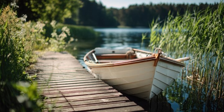 White rowboat resting on a wooden dock beside a tranquil lake with lush green trees and peaceful water scenery