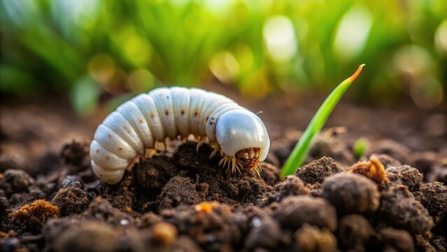 A photo of a white grub wriggling in soil on a lawn, verdant grass stretching beyond the frame