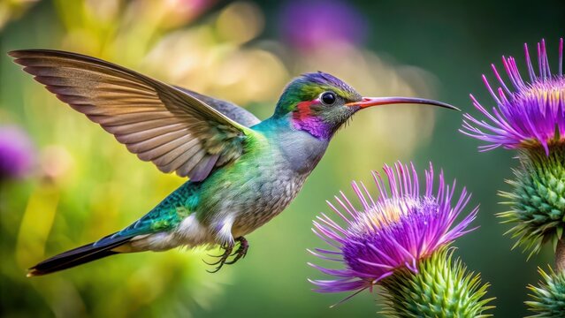 A photo of a male broadbilled hummingbird feeding on purple thistle flowers in a lush green garden The birds iridescent feathers shimmer under the