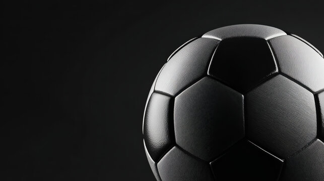 Soccer Ball's Shadow Play: A sleek soccer ball, dramatically lit against a dark backdrop, is poised for action. Emphasizing the ball's texture and form, creating a sense of anticipation and drama.