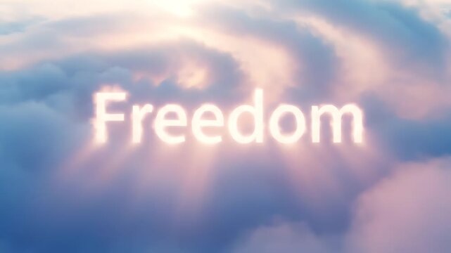 The word Freedom glowing brightly amidst soft, ethereal clouds with rays of light shining through.