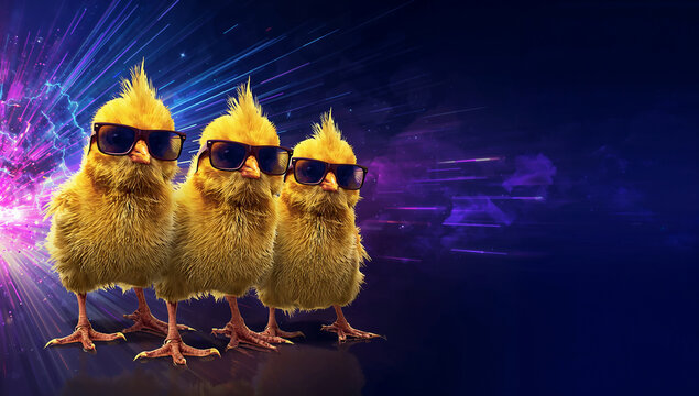 広告訴求に使いやすい宇宙ネオン背景でサングラスのひよこ三羽が目を引く右側余白付き横長画像