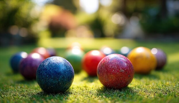 Colorful bocce balls on well-maintained green grass in outdoor setting with vibrant colors and textured surface