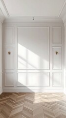 Fototapeta premium A minimalist interior room with white walls and chevron-patterned floor