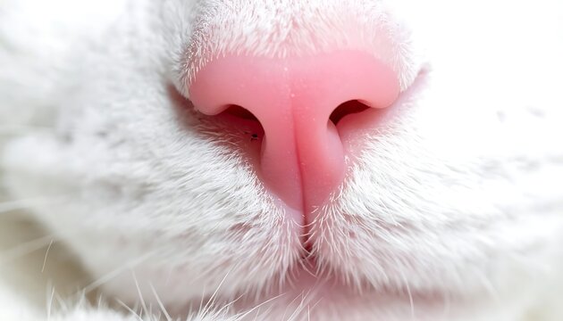A close-up of a white cat's pink nose and whiskers
