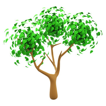 Green tree with falling leaves