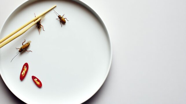 Cockroaches on Plate with Chili Slices and Chopsticks.