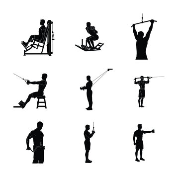 Commercial Gym Cable Machine Workout Silhouettes Seated Pulley, Lat Pull Down, and Strength Training Poses