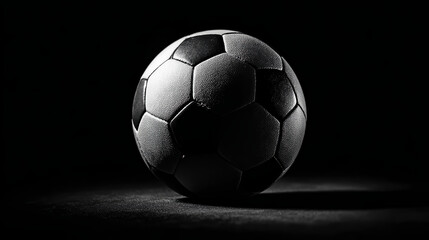 Fototapeta premium Soccer Ball in the Shadows: A classic soccer ball, with its iconic black and white pattern, is dramatically lit against a dark background.