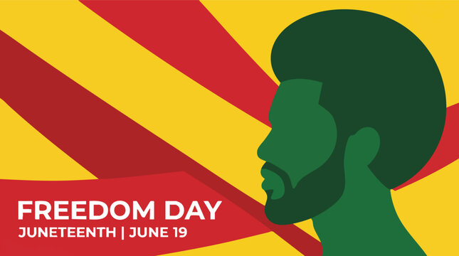 A vibrant Juneteenth Freedom Day illustration featuring the profile silhouette of a man over Pan-African colored stripes to celebrate June 19th.