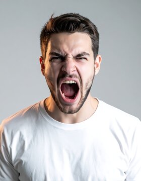 A man with dark hair and a beard screams intensely