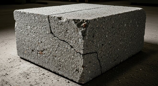 Close-up view of a rough gray concrete block with exposed aggregate and significant cracks showing its aged and weathered texture