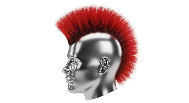 Isolated chrome head profile with vibrant red mohawk hairstyle on white background, punk rock style