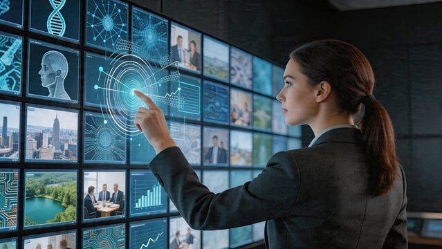 Businesswoman interacting with digital data screen analyzing financial charts and cityscape on smart wall