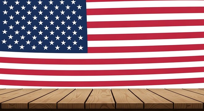 American flag background with wooden table for product display