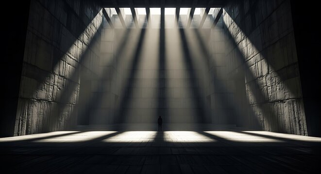 Dramatic light rays illuminate a vast, cavernous concrete hall, casting long, sharp shadows across the desolate floor, highlighting the profound solitude of a lone figure