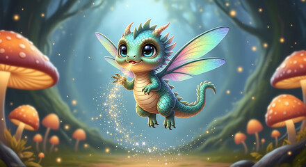 Fototapeta premium A pastel-colored 3D dragon overlooking a magical balcony scene with mushrooms.