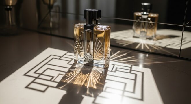Luxurious Art Deco Styled Glass Perfume Bottle with Amber Liquid and Geometric Shadows