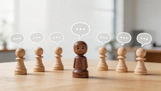 Business man wooden figure lonely in crowd feeling isolated sad depression social anxiety lack of confidence standing alone among others speech bubble criticism judgement gossip