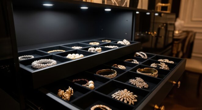 Luxurious jewelry collection meticulously organized within a matte black velvet-lined storage case, showcasing precious accessories.