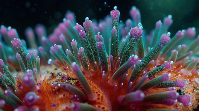 Sea urchin spines radiating with jewel-like precision and tiny reflected highlights, dramatic marine abstract with premium stock value, crisp and controlled