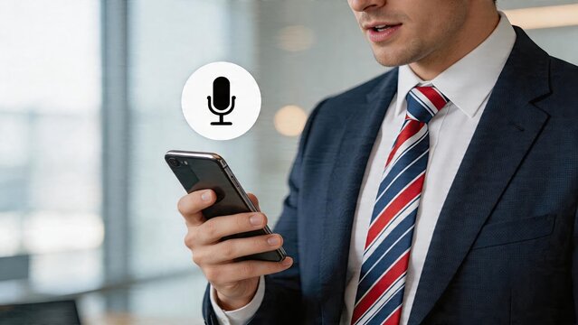 Businessman holding smartphone using mobile app voice recording features modern office background professional executive wearing suit and tie digital dictation technology