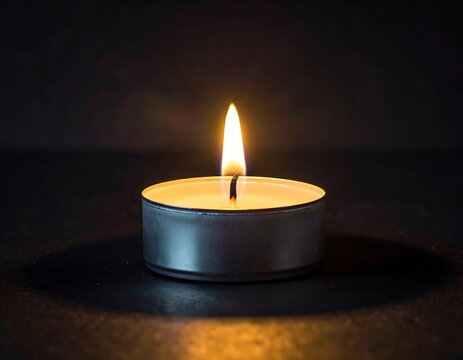 A lit tealight candle casting a warm glow on a dark surface