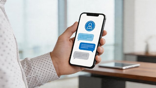 Business man holding smartphone screen showing online chat interface user avatar icon conversation bubbles instant messaging app modern mobile technology office work communication