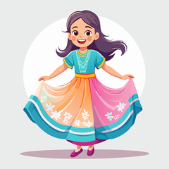 Fototapeta premium Joyful girl in colorful dress, smiling and dancing gracefully.