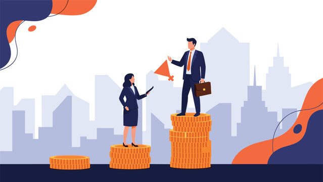 Business man and woman stand on unequal stacks of gold coins representing the gender pay gap and career advancement.