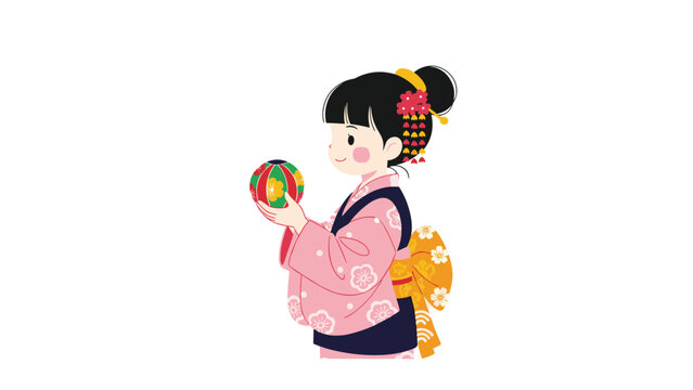 Japanese girl wearing traditional pink kimono with floral patterns holds a decorative temari ball in her hands against white background.