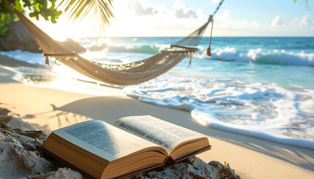Beach reading Open book on sand with a hammock and serene ocean backdrop, basking in the warm glow of sunlight
