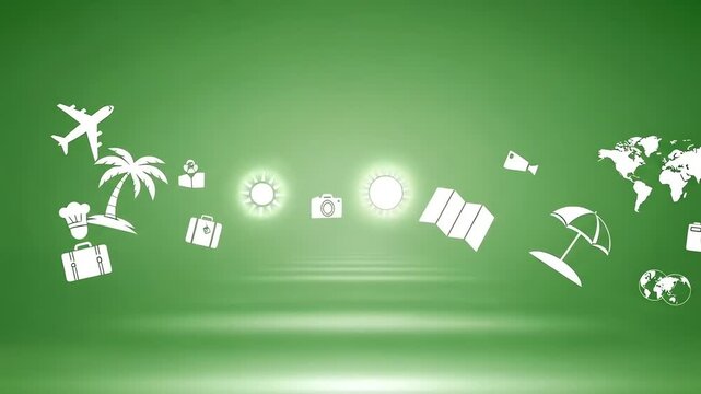 A collection of travel-related icons and symbols floating against a green gradient background.