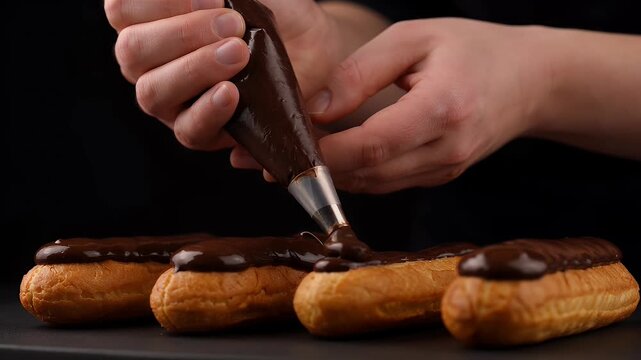 Professional pastry chef piping dark chocolate ganache glaze on fresh eclairs