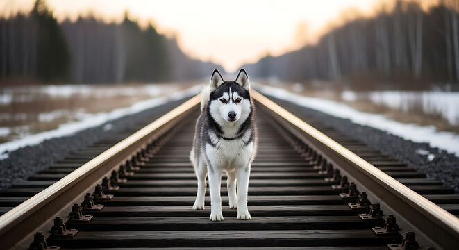 Siberian husky dog standing on train tracks in a winter landscape during golden hour, facing the camera directly, domestic animal concept