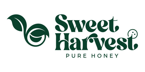 Sweet harvest pure honey logo featuring green leaf icons and elegant serif typography representing natural agriculture and organic farm products eco friendly agriculture identity typography © Mamun