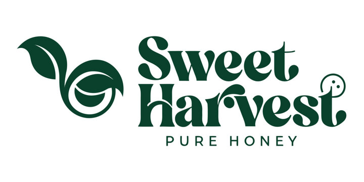 Sweet harvest pure honey logo featuring green leaf icons and elegant serif typography representing natural agriculture and organic farm products eco friendly agriculture identity typography