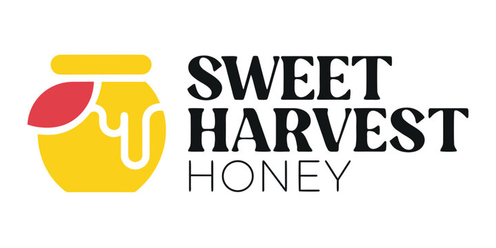 Sweet harvest honey logo illustration showing a yellow honey pot with dripping liquid and a red leaf detail for organic food brand identification dripping identity illustration packaging business